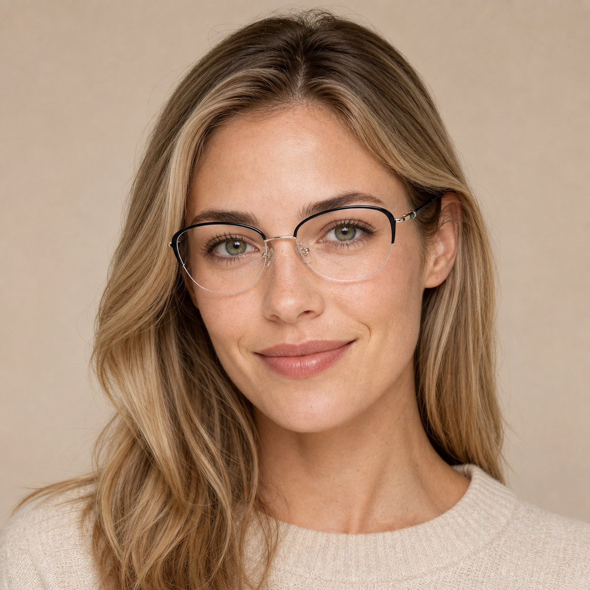 Glossy Black cat-eye semi-rimless glasses worn by an adult White woman