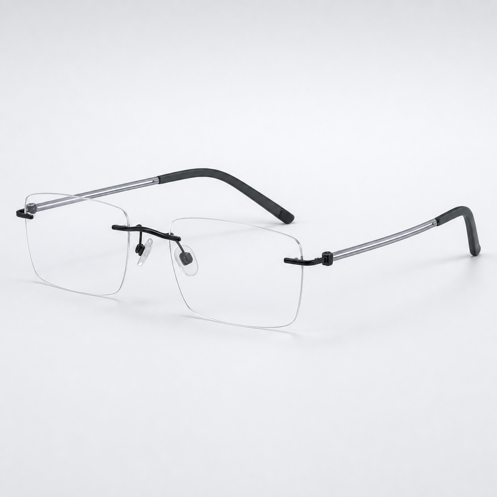 Black pure titanium rectangular rimless glasses, 45-degree product view