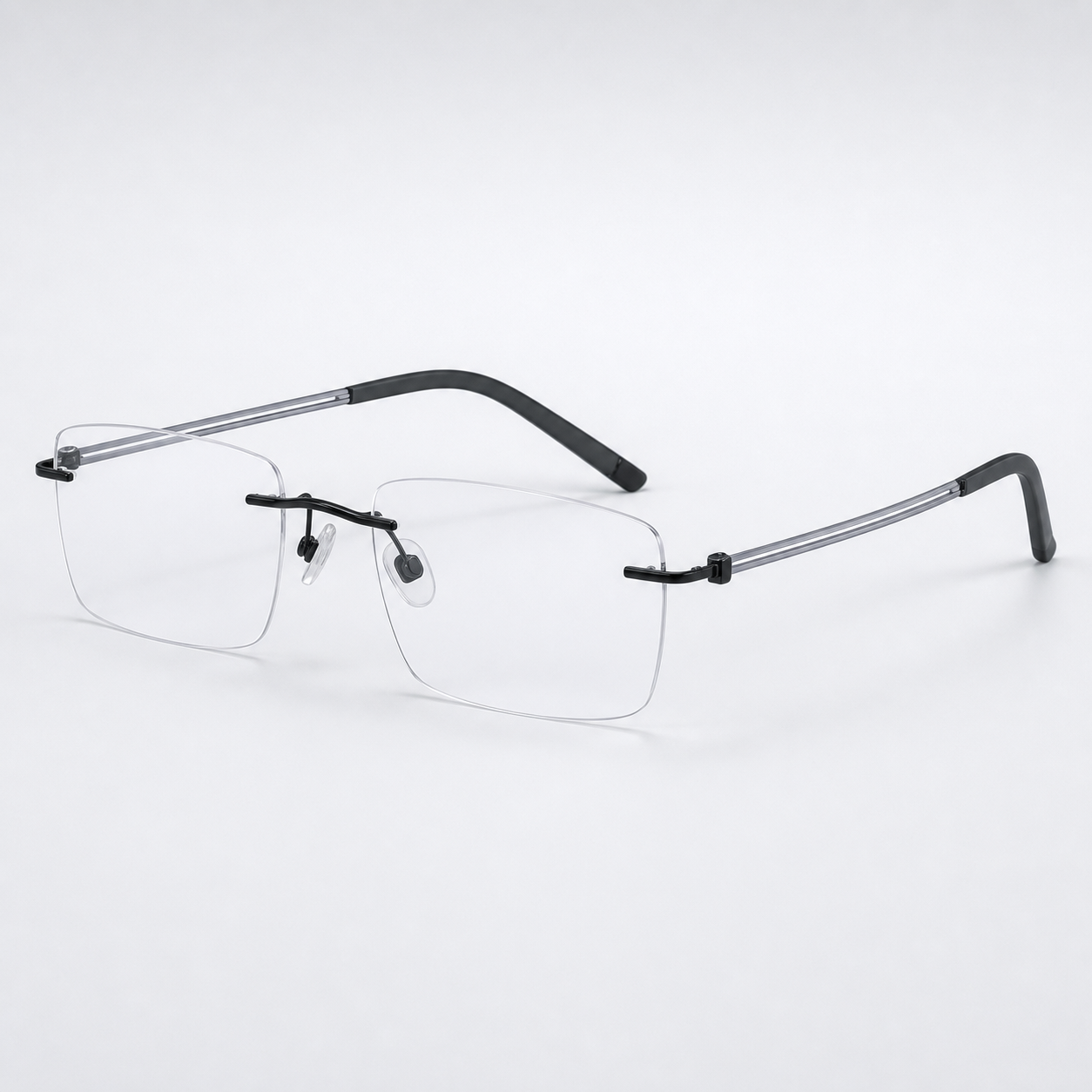 Black pure titanium rectangular rimless glasses, 45-degree product view
