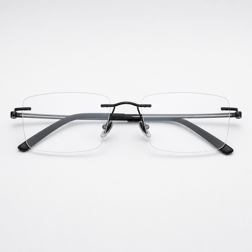 Black pure titanium rectangular rimless glasses, front product view
