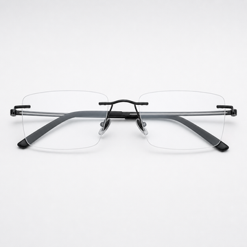 Black pure titanium rectangular rimless glasses, front product view
