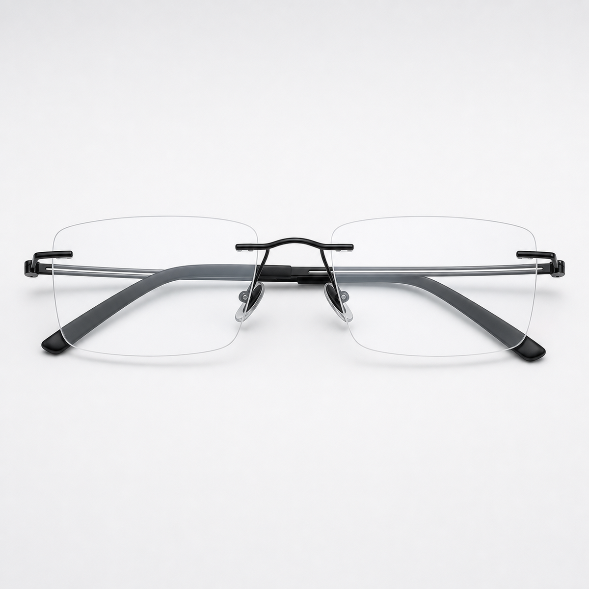 Black pure titanium rectangular rimless glasses, front product view