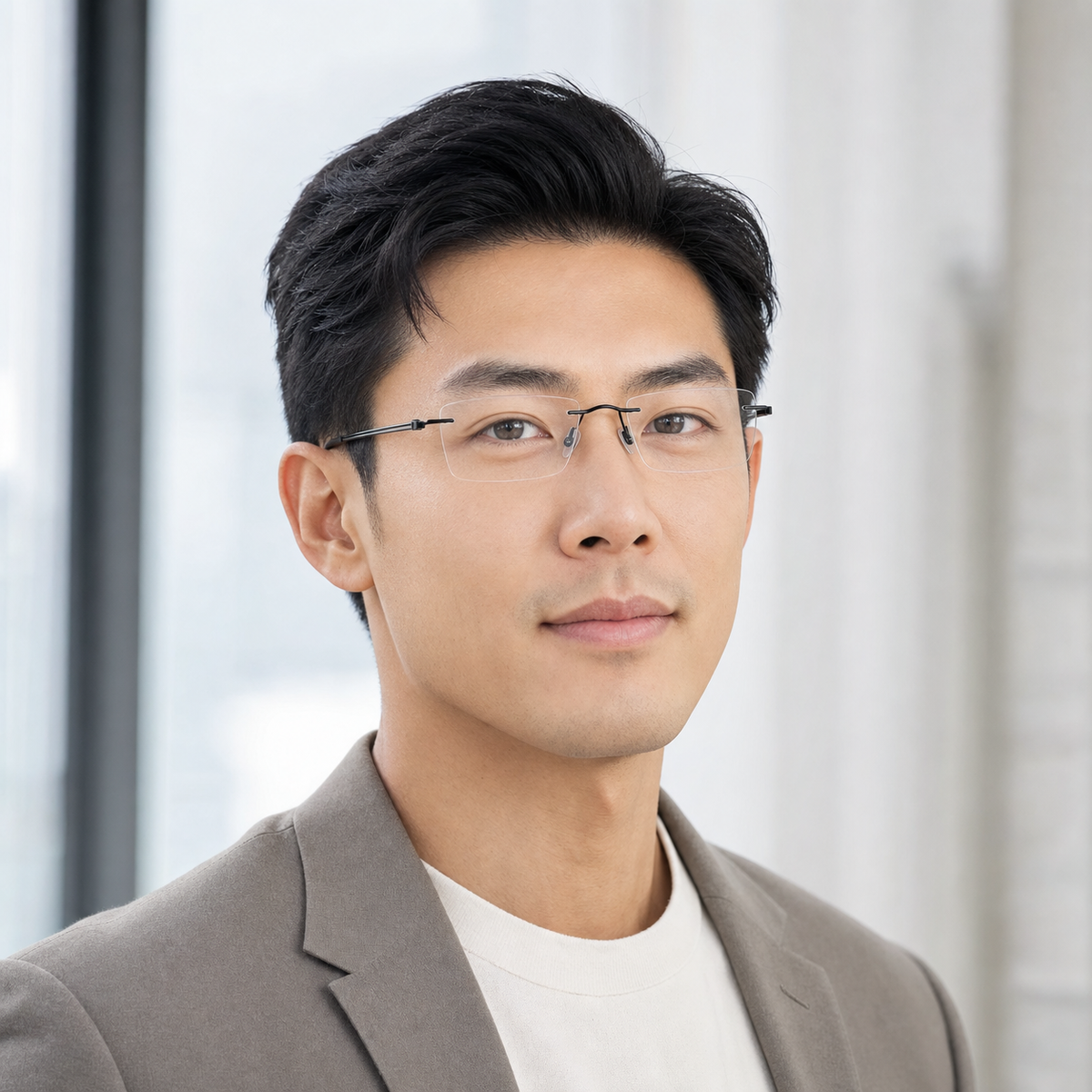 Black pure titanium rectangular rimless glasses worn by an adult East Asian man