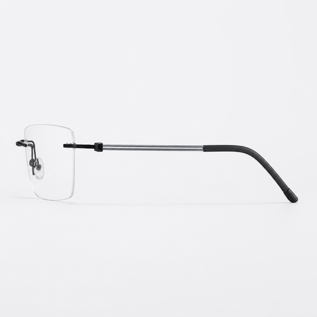 Black pure titanium rectangular rimless glasses, side and temple product view