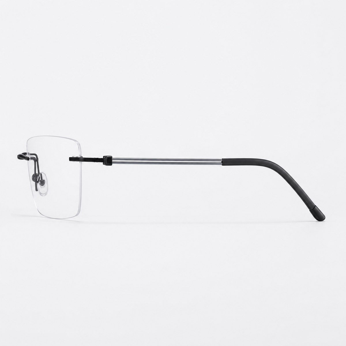 Black pure titanium rectangular rimless glasses, side and temple product view