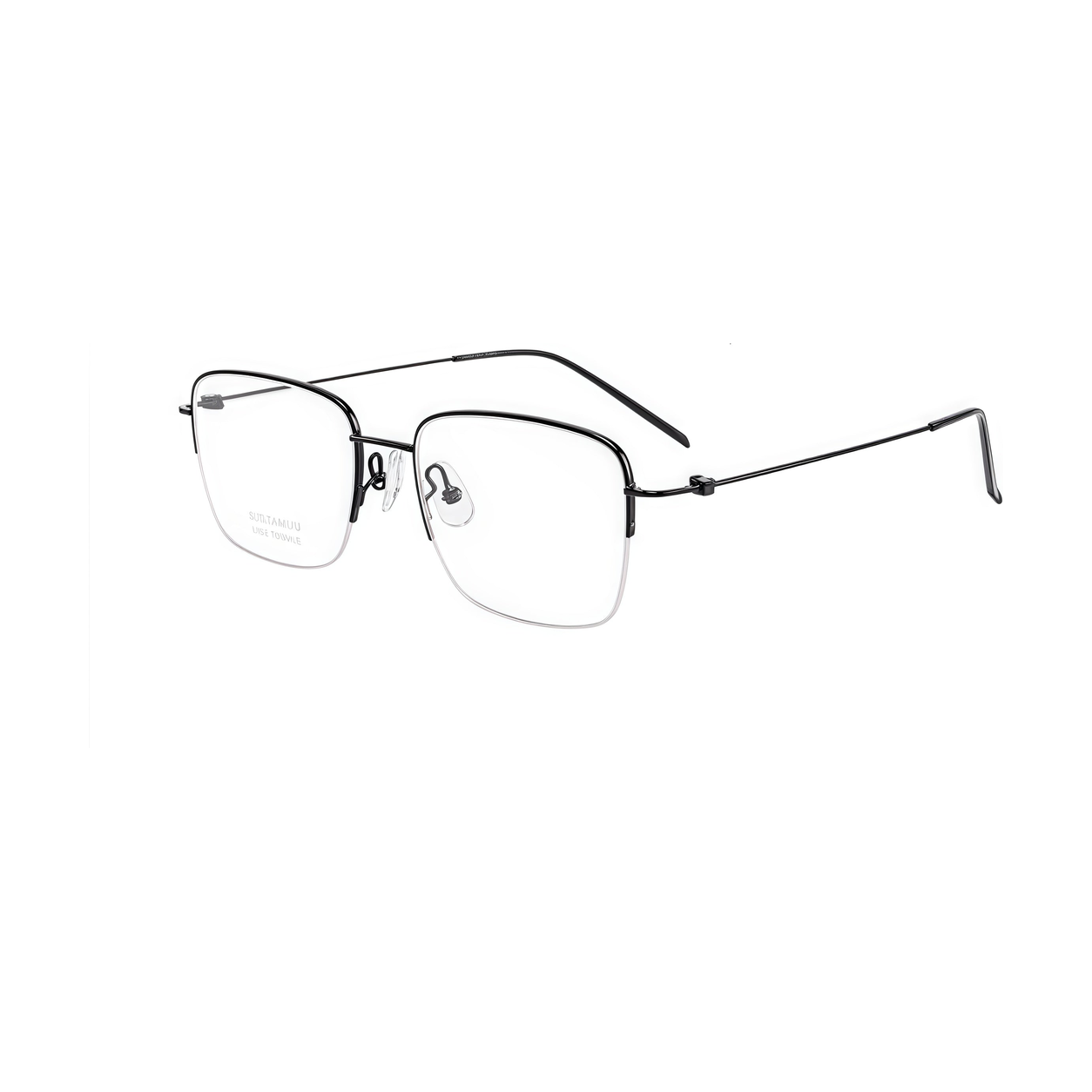 Black pure titanium semi-rimless eyeglass frame, 45-degree product view