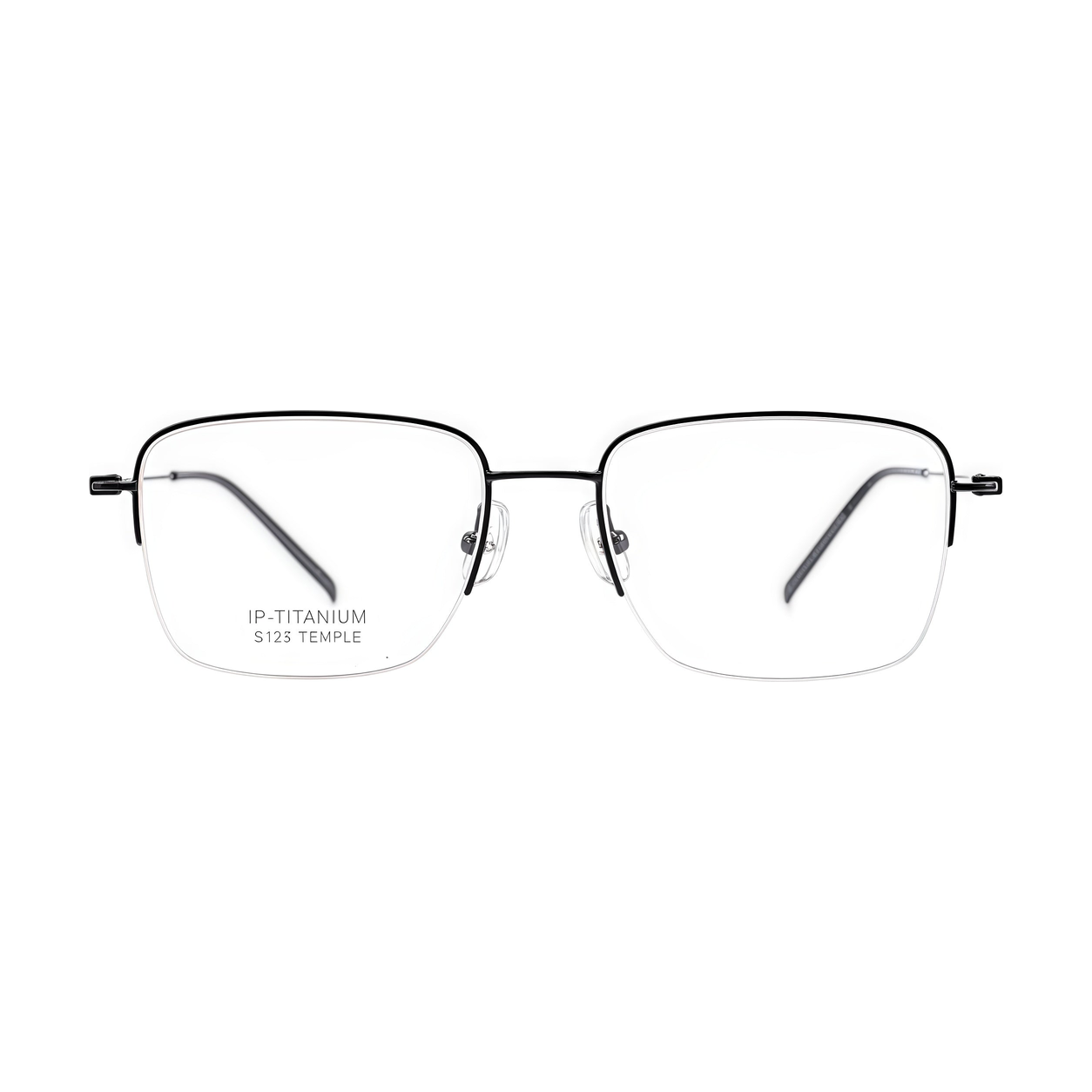 Black pure titanium semi-rimless eyeglass frame, front product view