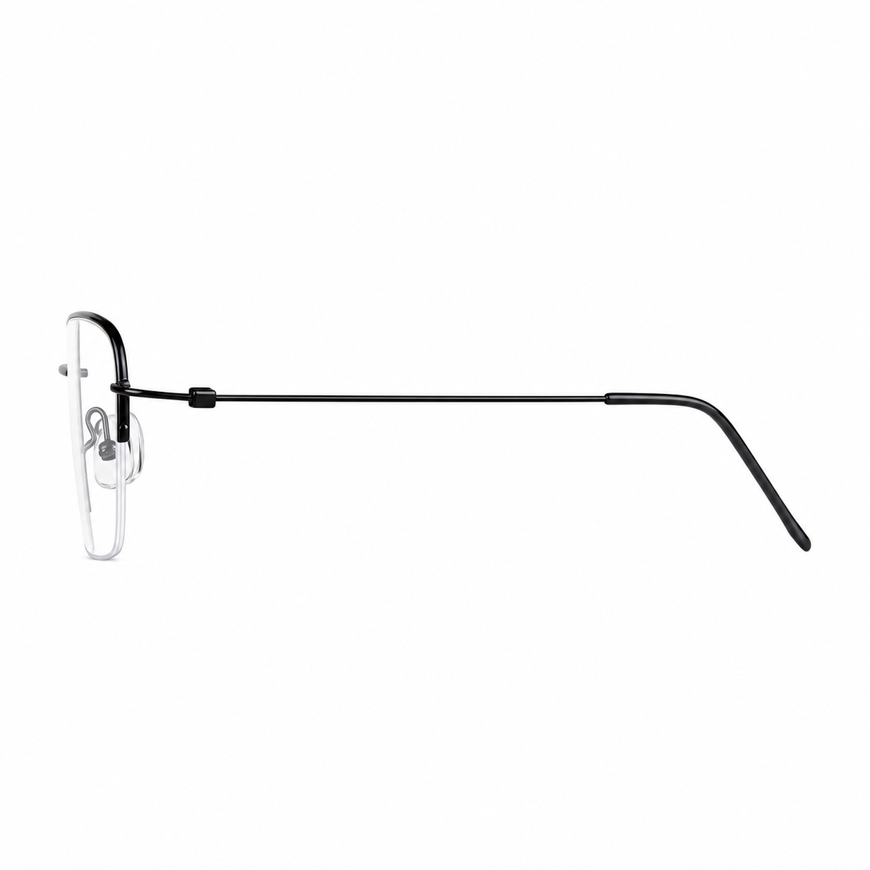 Black pure titanium semi-rimless eyeglass frame, side-profile product view