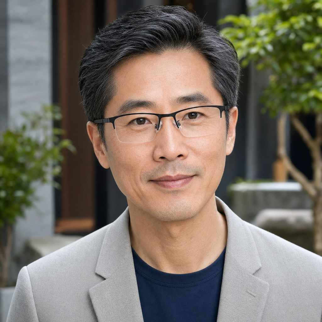 Black rectangular semi-rimless glasses worn by an adult East Asian man outdoors