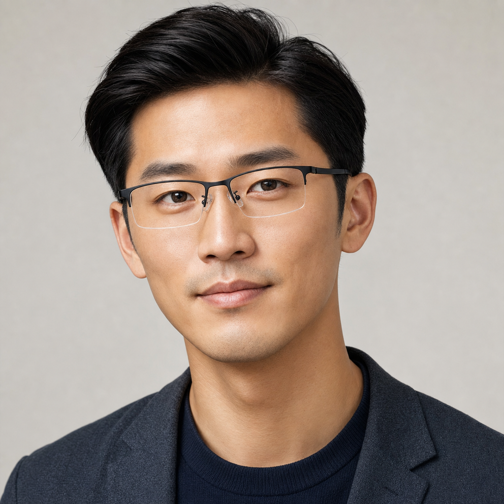 Black rectangular semi-rimless glasses worn by an adult East Asian man in studio