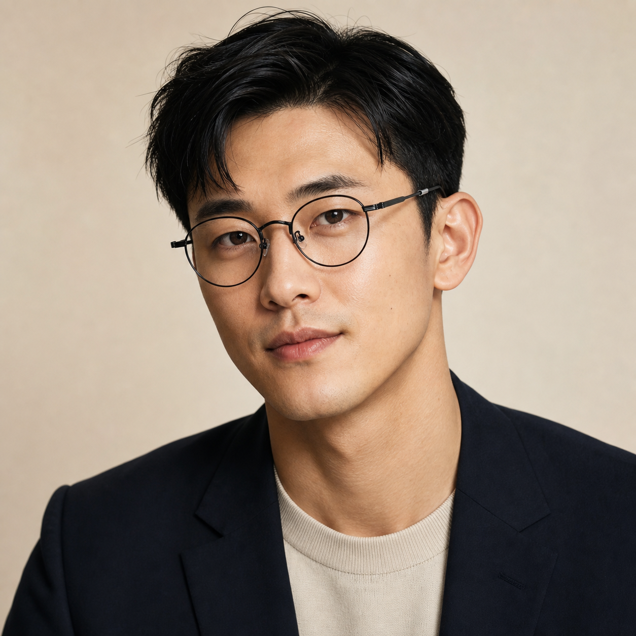 Black retro alloy round 47 mm glasses worn by an adult East Asian man