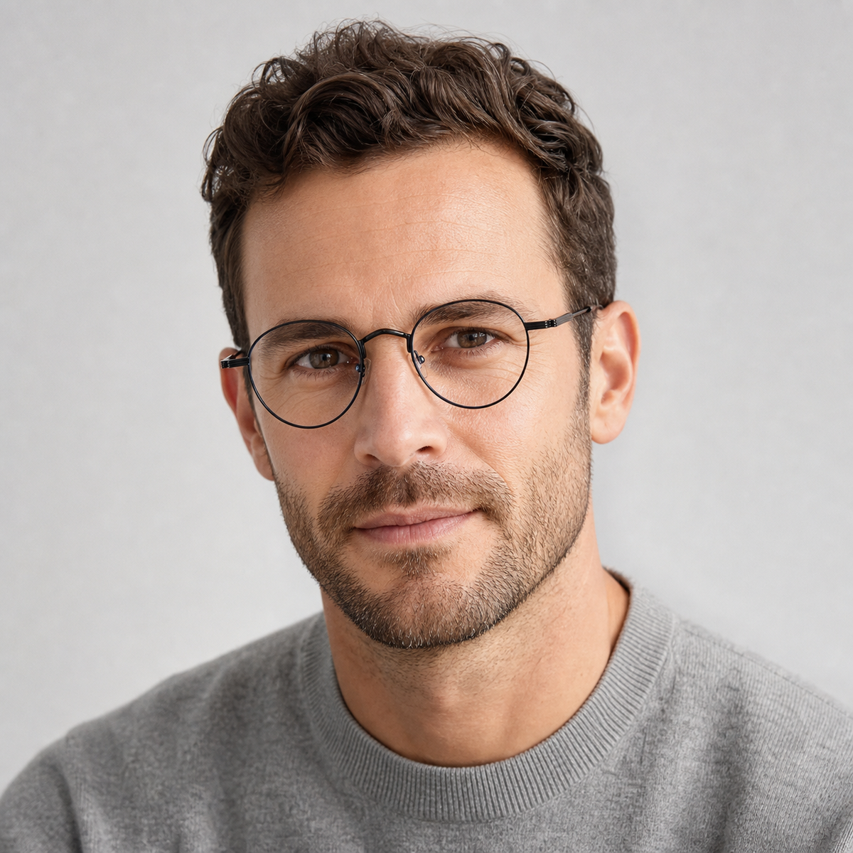 Black retro alloy round glasses worn by an adult White man