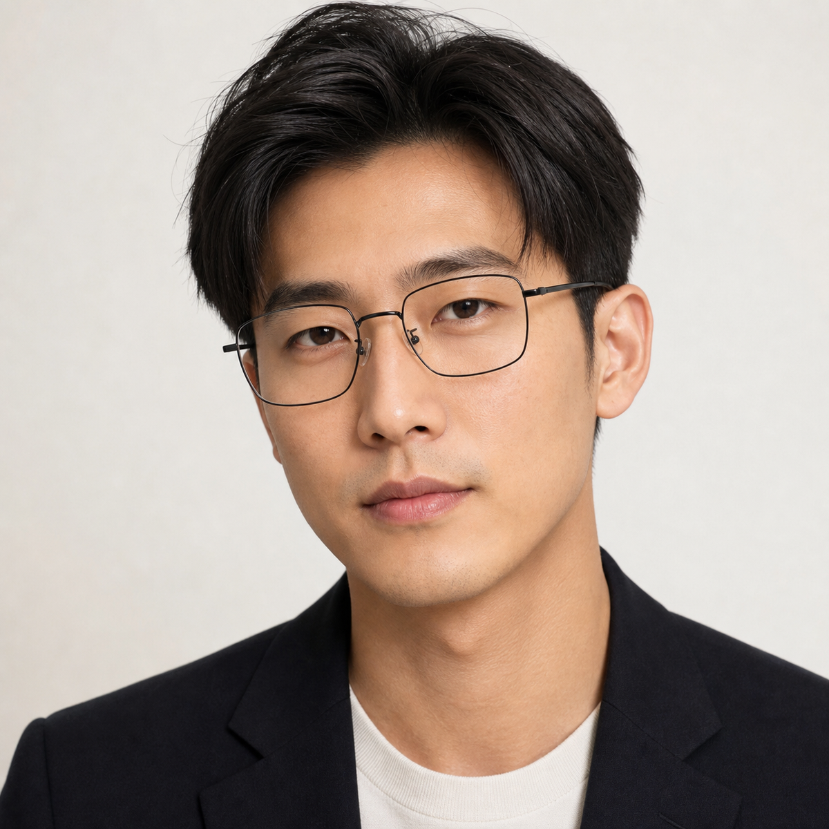 Black pure titanium square glasses worn by an adult East Asian man