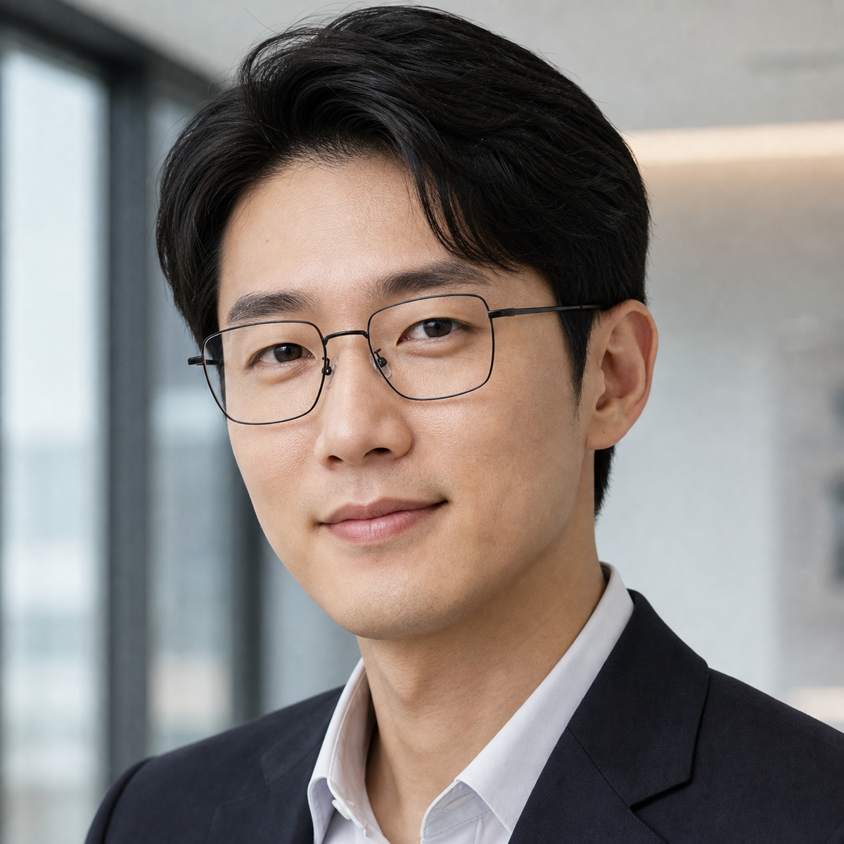 Black pure titanium square glasses worn by an adult East Asian man in an office