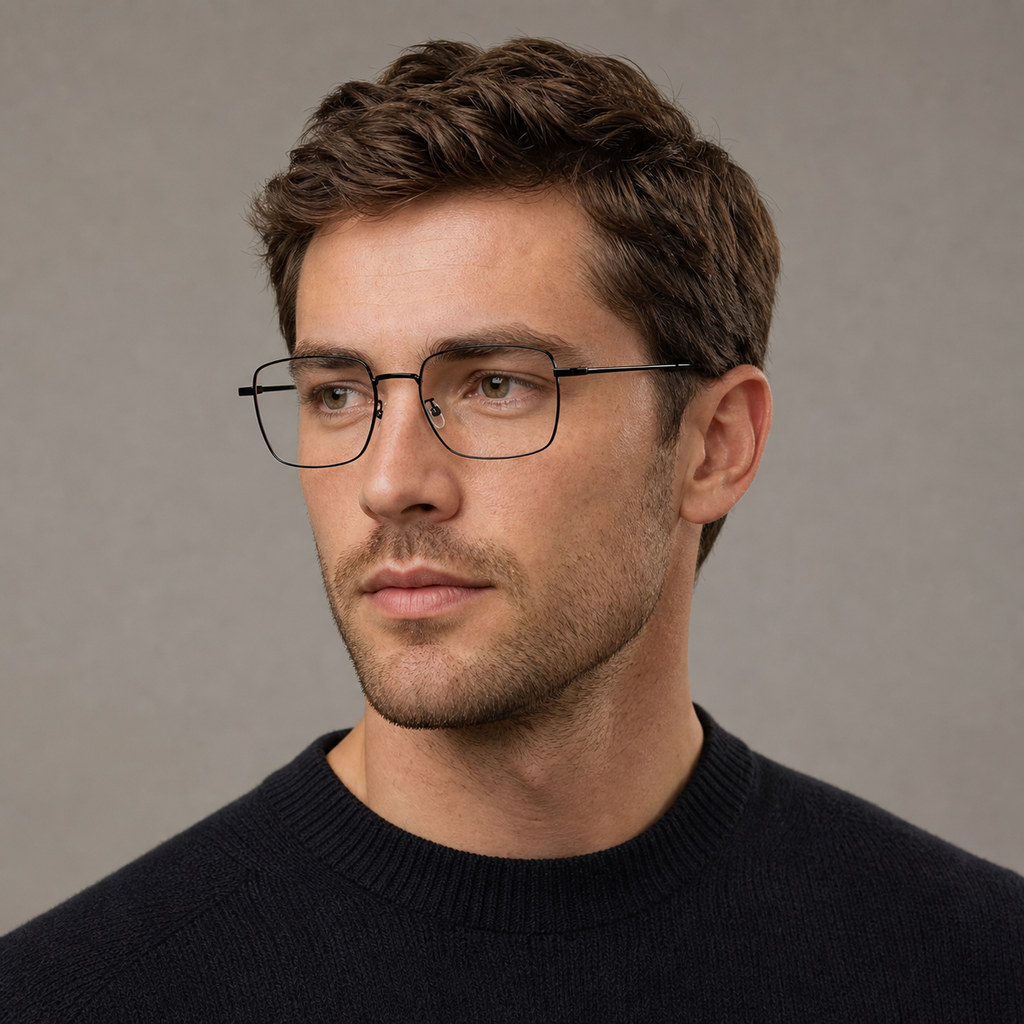Black pure titanium square glasses worn by an adult White man