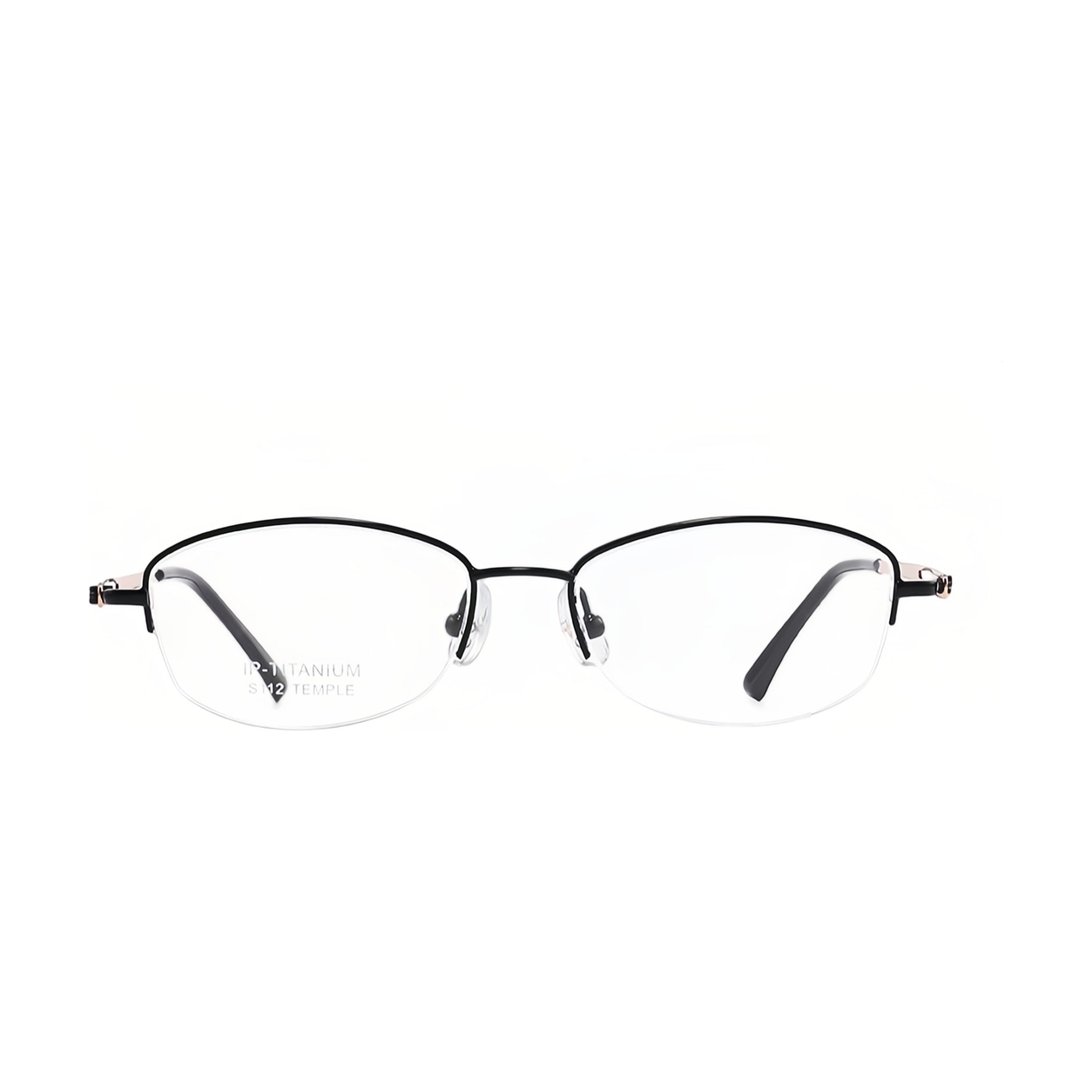Black/Rose Gold pure titanium semi-rimless eyeglass frame, front product view