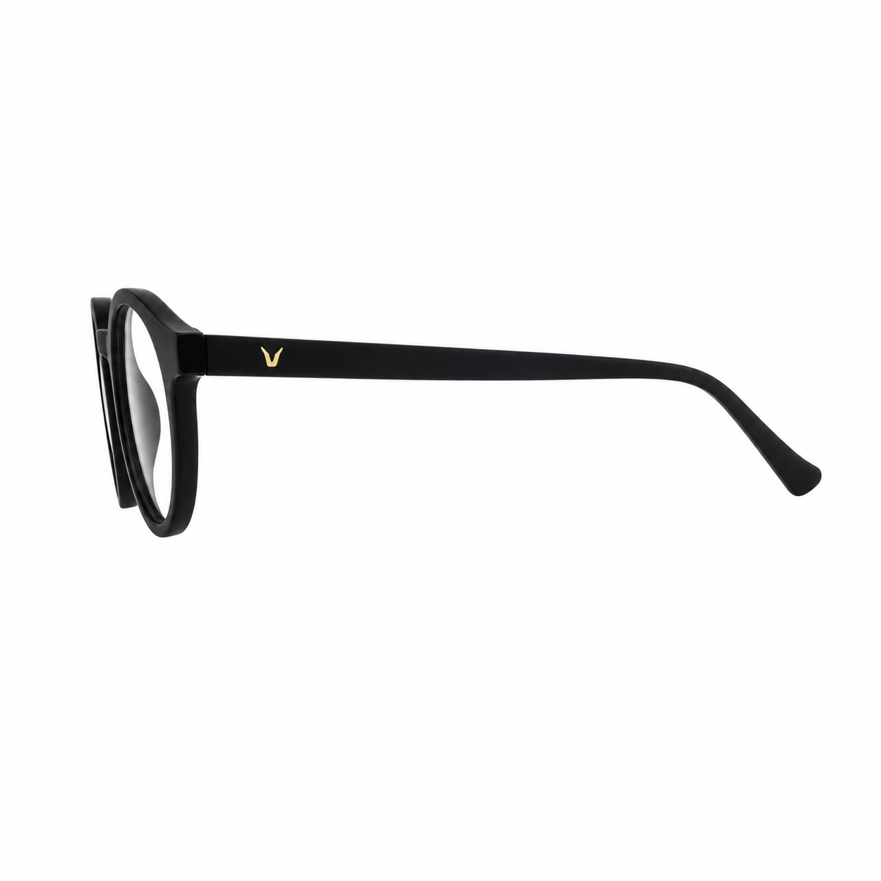 Black softly rounded full-rim eyeglass frame, side-profile product view