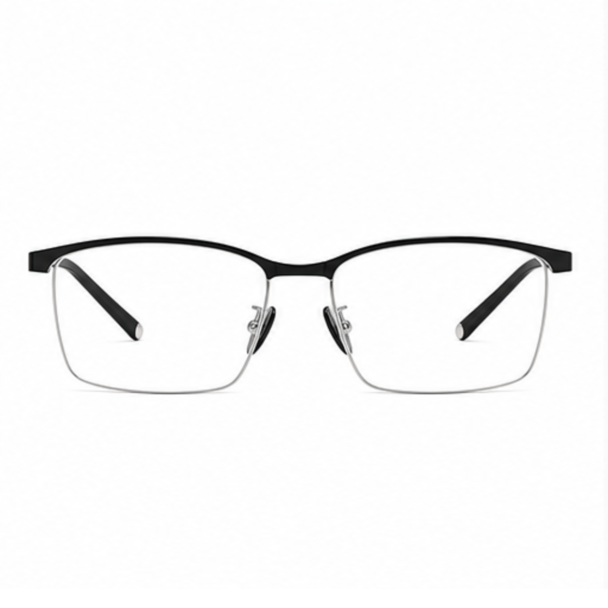 Black/Silver men's professional alloy semi-rimless glasses, front product view