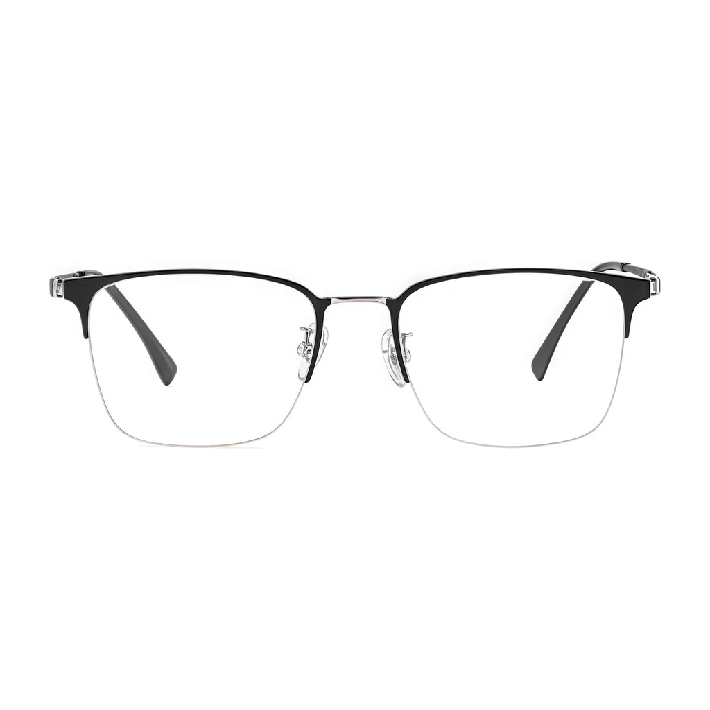 Black/Silver pure titanium semi-rimless eyeglass frame, front product view