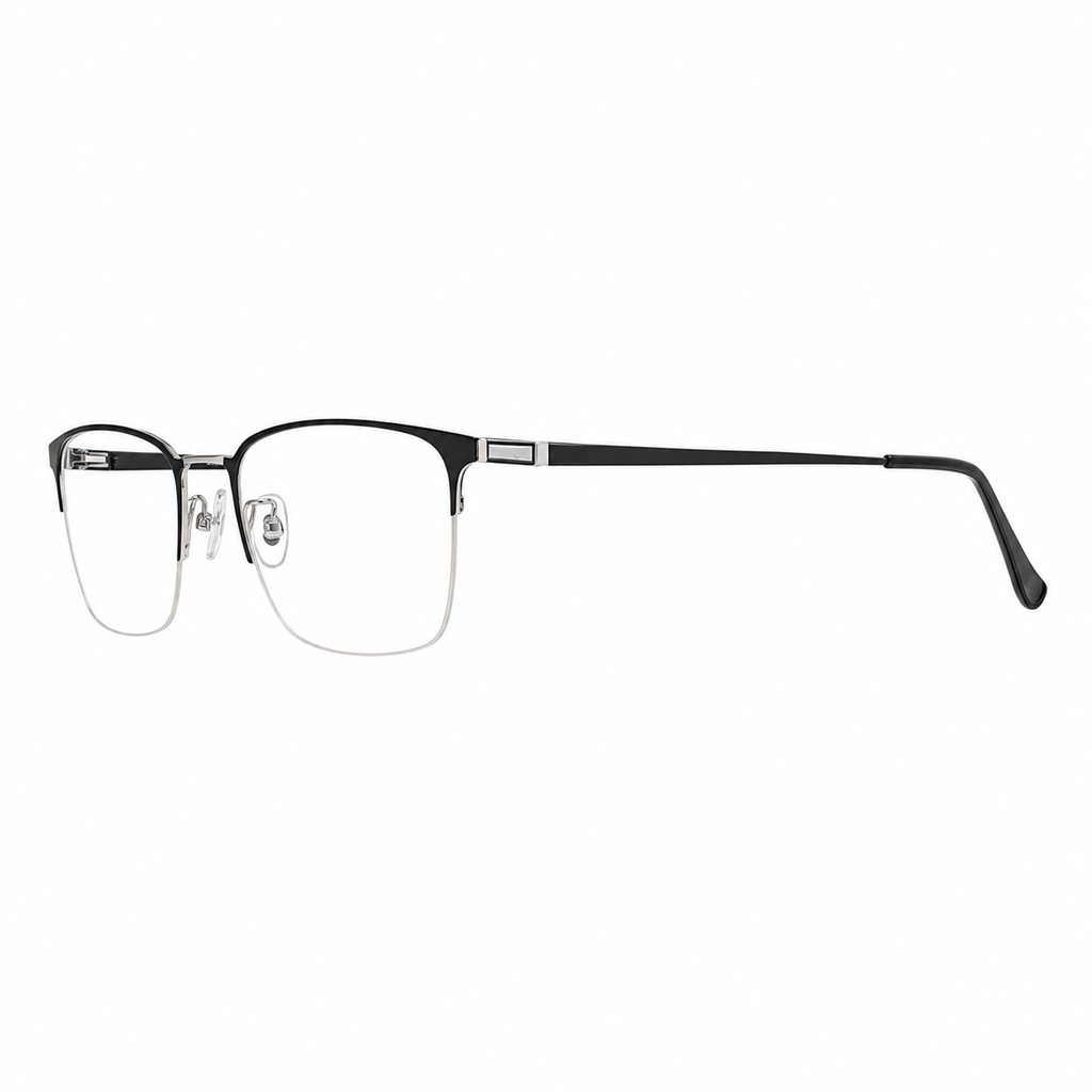 Black/Silver pure titanium semi-rimless eyeglass frame, side-profile product view