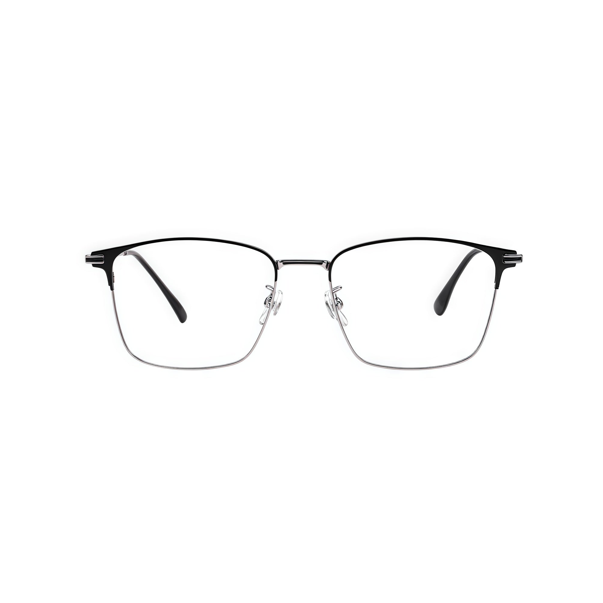 Black/Silver semi-titanium semi-rimless glasses, front product view