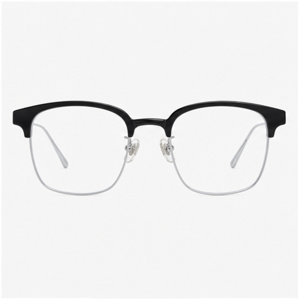 Black/Silver classic avant-garde angular semi-rimless browline glasses, front product view