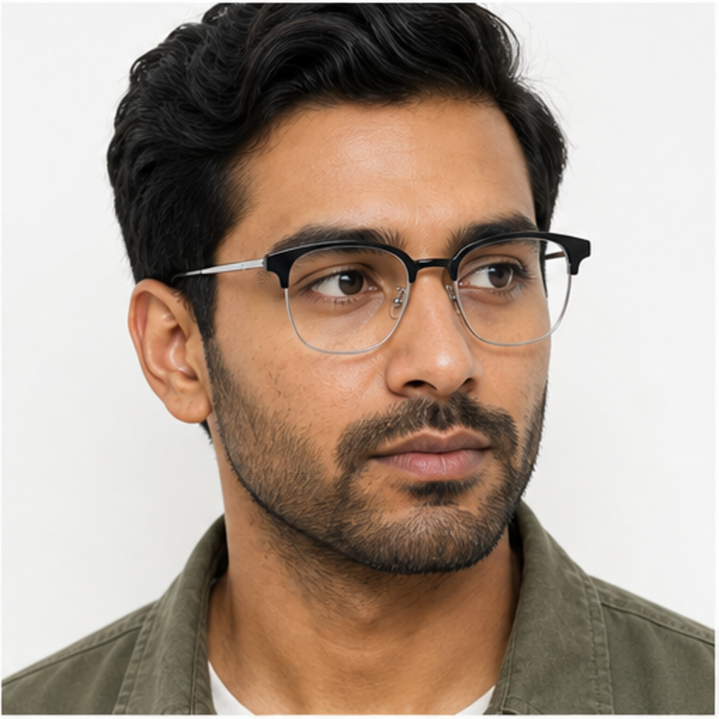 Black/Silver classic avant-garde angular semi-rimless browline glasses worn by an adult South Asian Man