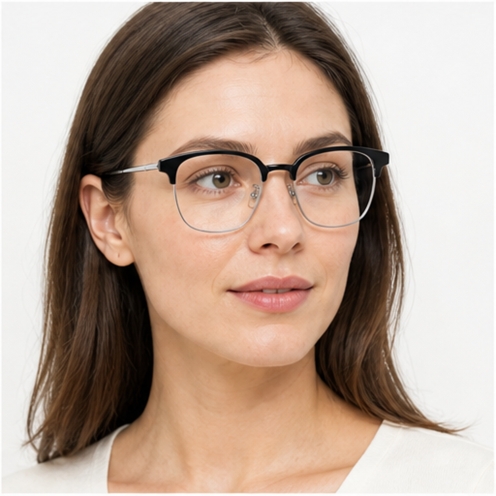 Black/Silver classic avant-garde angular semi-rimless browline glasses worn by an adult White Woman