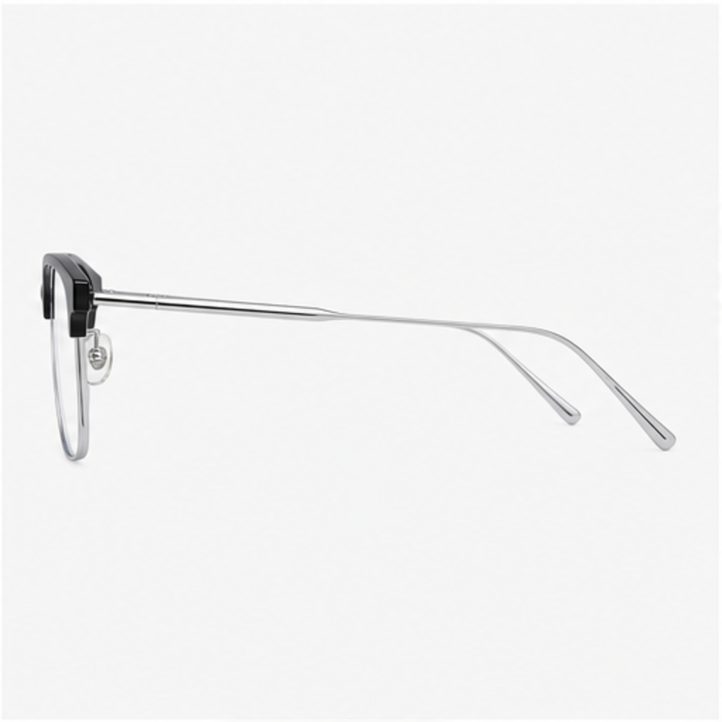 Black/Silver classic avant-garde angular semi-rimless browline glasses, side-profile product view