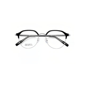 Black/Silver vintage casual rounded semi-rimless browline glasses, front product view