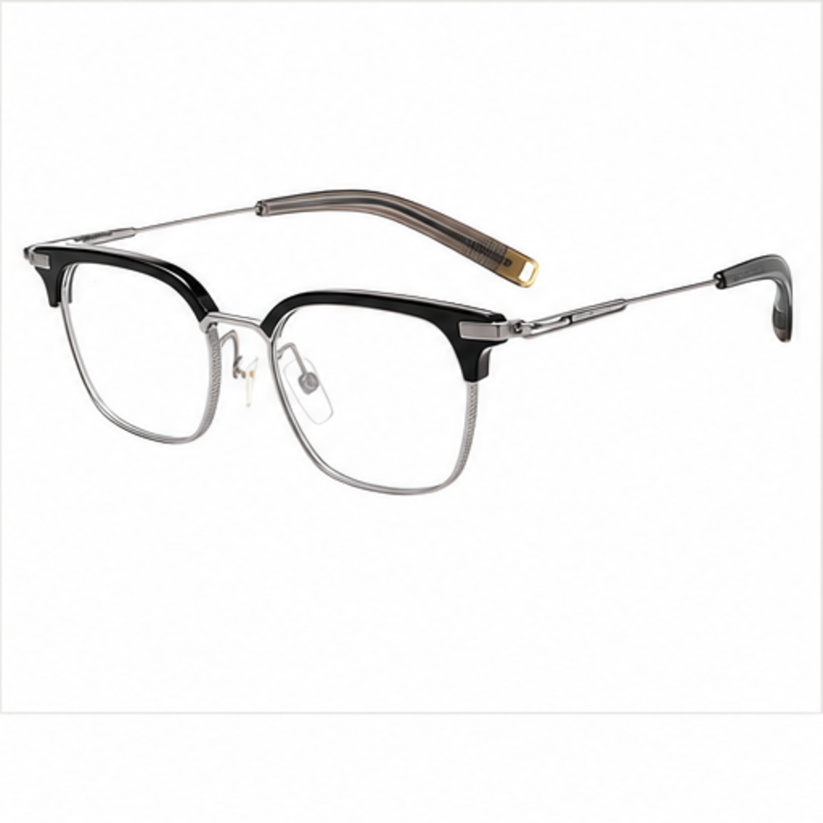 Black/Silver unisex vintage classic pure titanium semi-rimless glasses, 45-degree product view