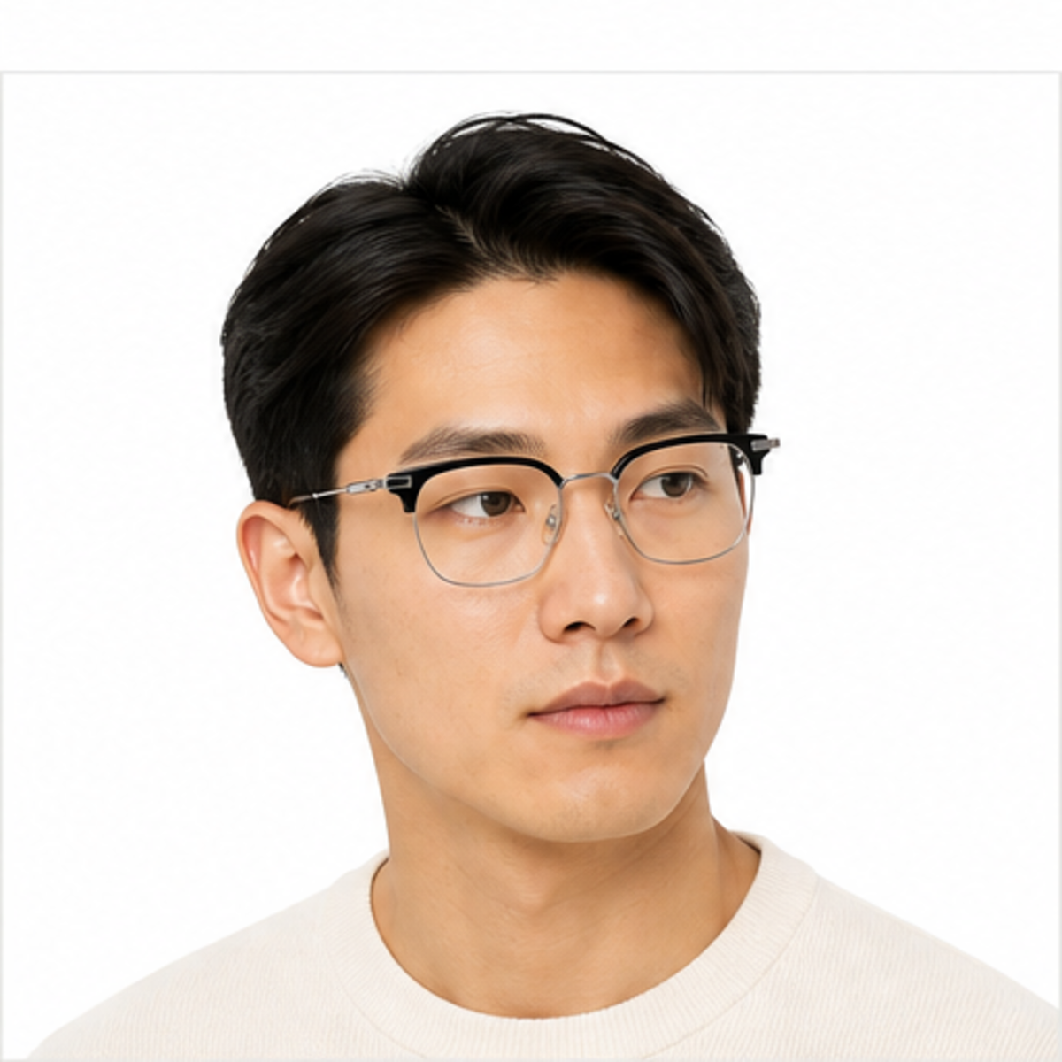 Black/Silver unisex vintage classic pure titanium semi-rimless glasses worn by an adult East Asian Man