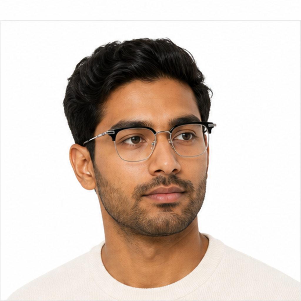 Black/Silver unisex vintage classic pure titanium semi-rimless glasses worn by an adult South Asian Man