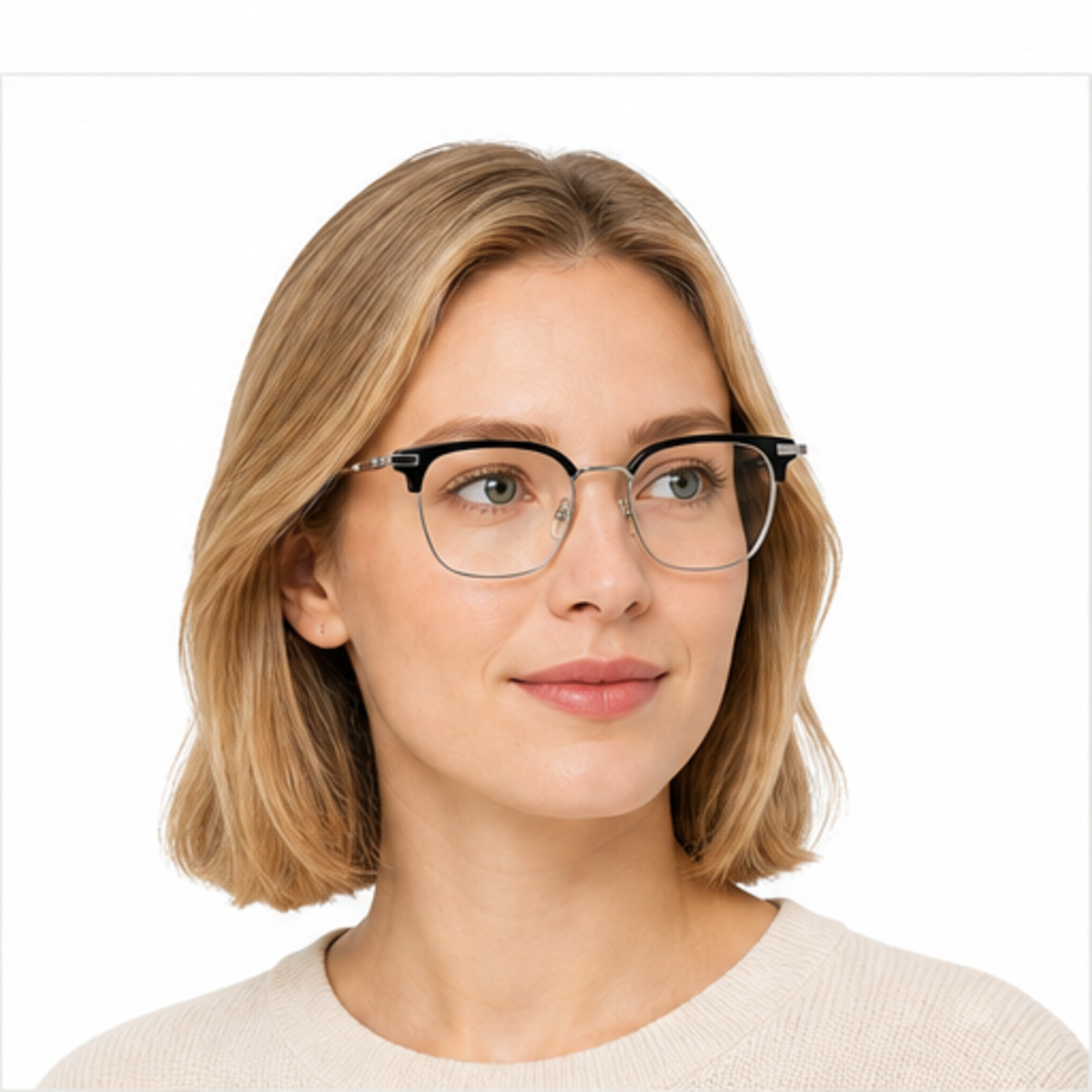 Black/Silver unisex vintage classic pure titanium semi-rimless glasses worn by an adult White Woman
