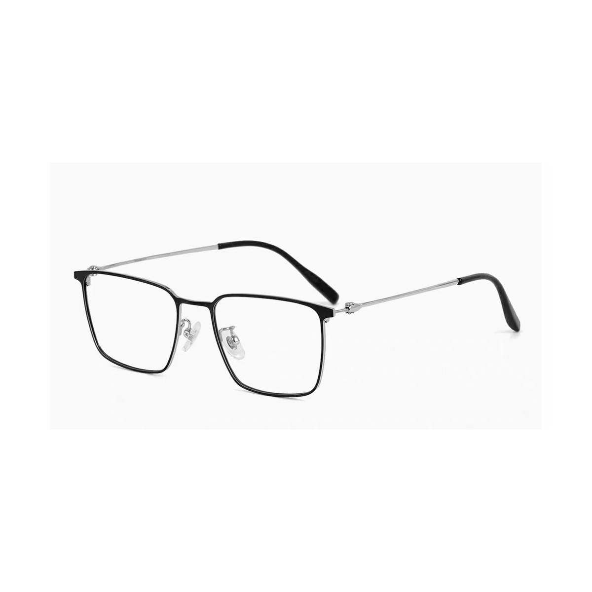 Black slim rectangular full-rim eyeglass frame, 45-degree product view