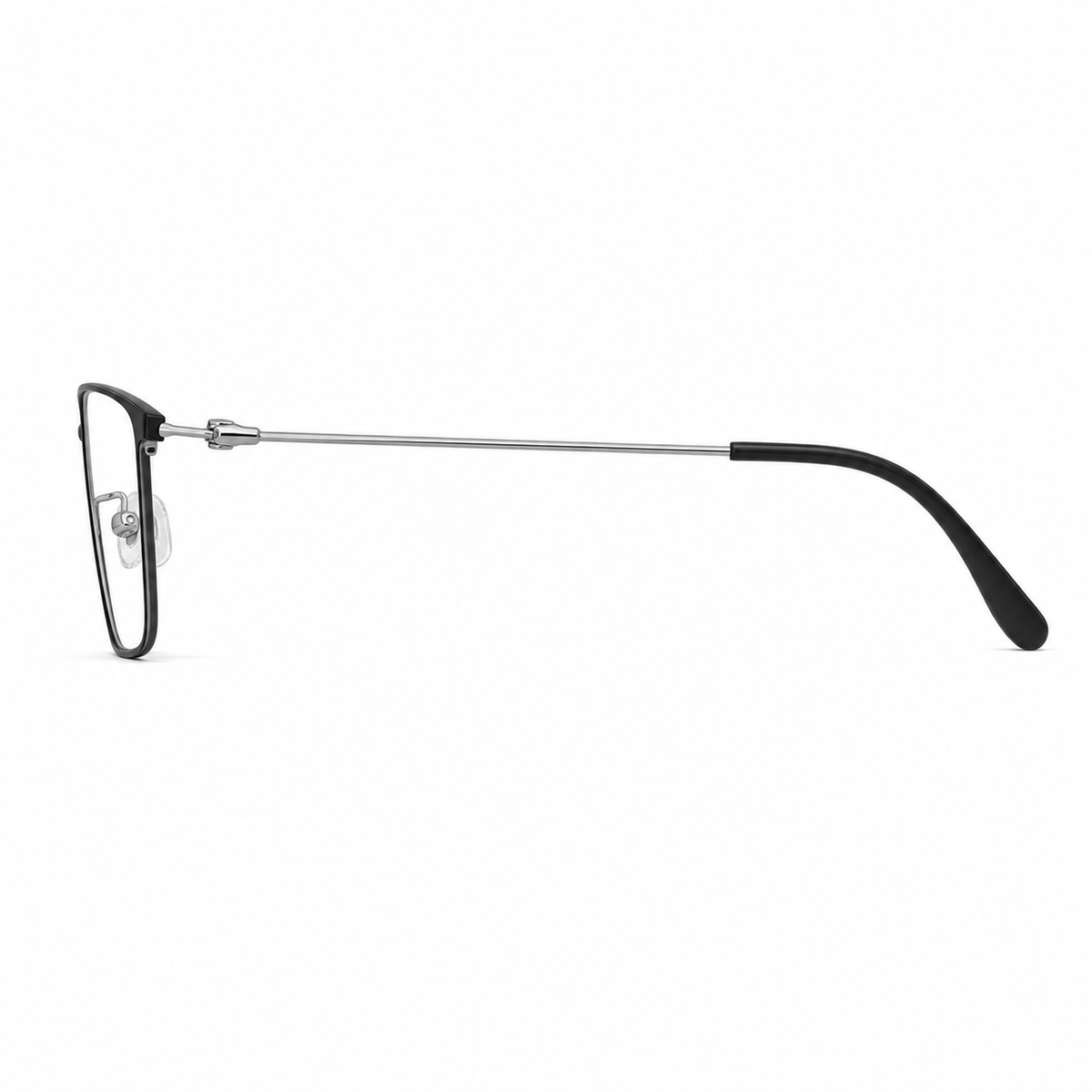 Black slim rectangular full-rim eyeglass frame, side-profile product view