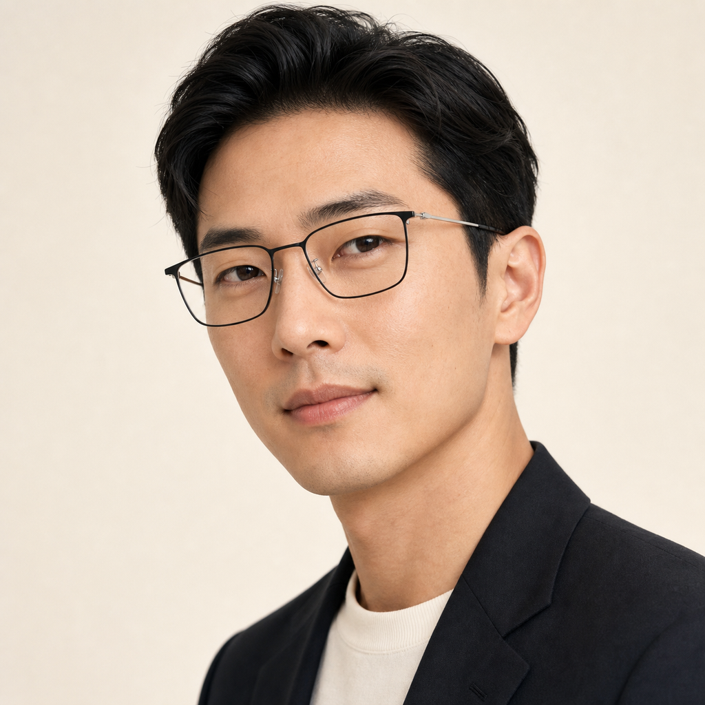 Black slim rectangular full-rim glasses worn by an adult East Asian man
