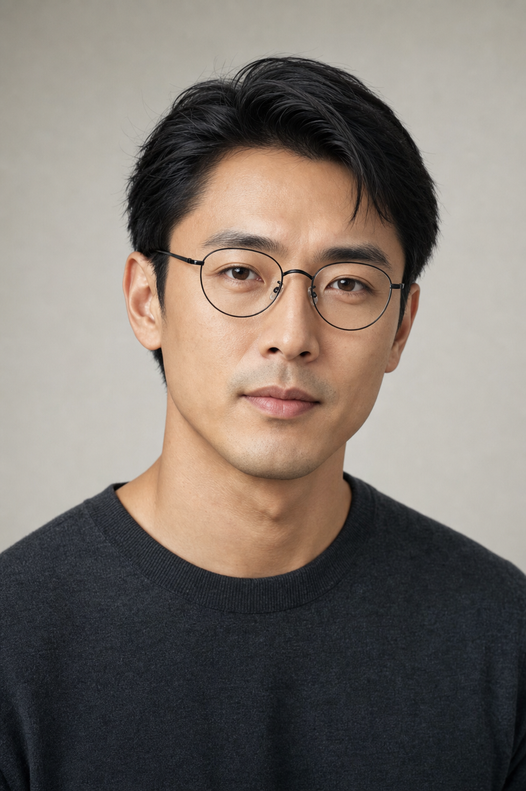 Black small-fit alloy oval glasses worn by an adult East Asian man in studio