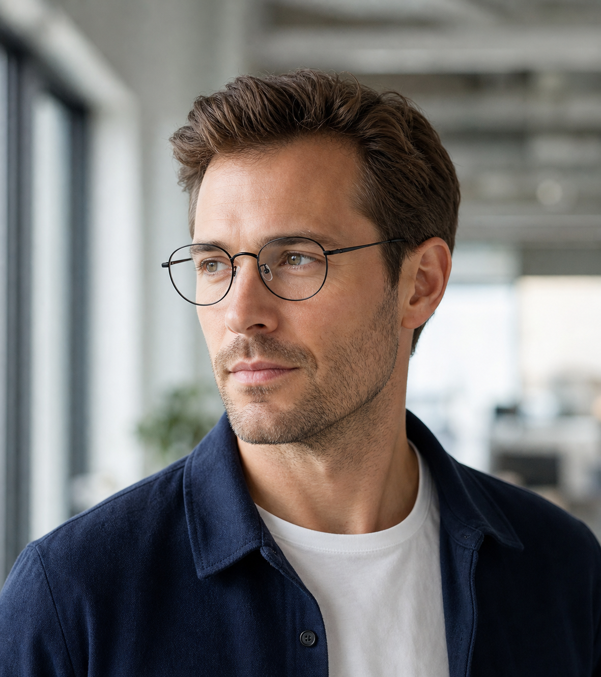 Black small-fit alloy oval glasses worn by an adult White man in an office