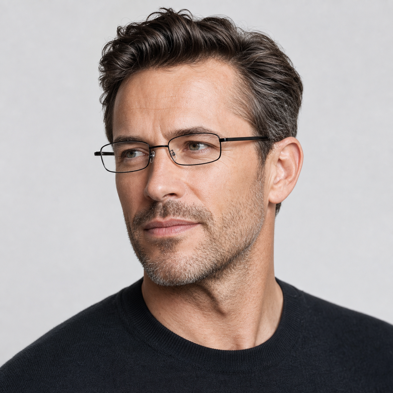Black ultra-light alloy rectangular glasses worn by an adult White man