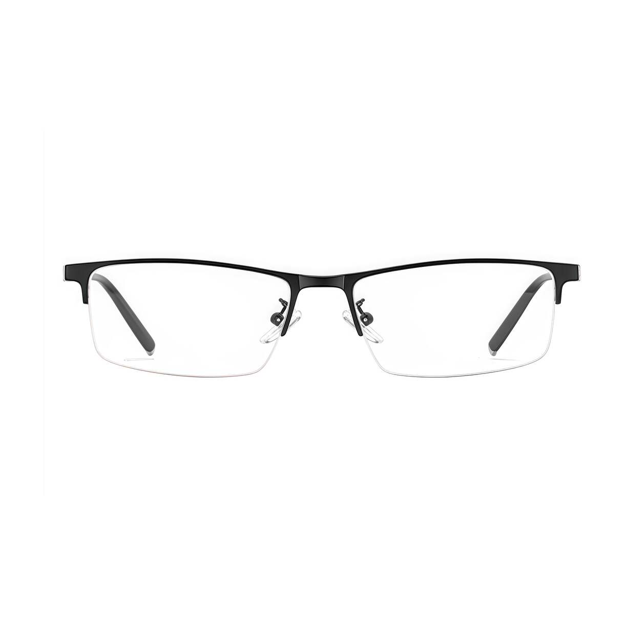 Black titanium-alloy rectangular semi-rimless glasses, front product view