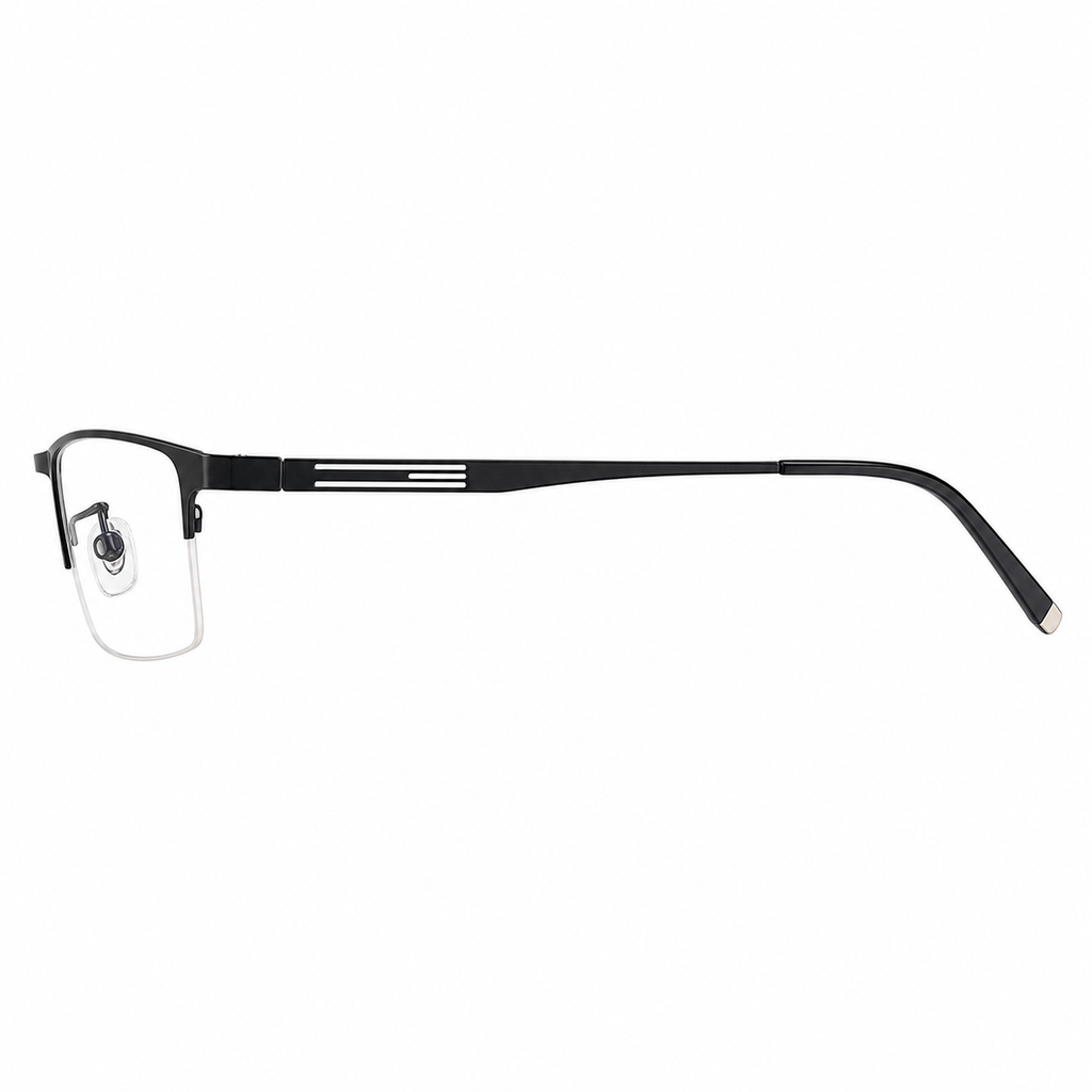 Black titanium-alloy rectangular semi-rimless glasses, side-profile product view