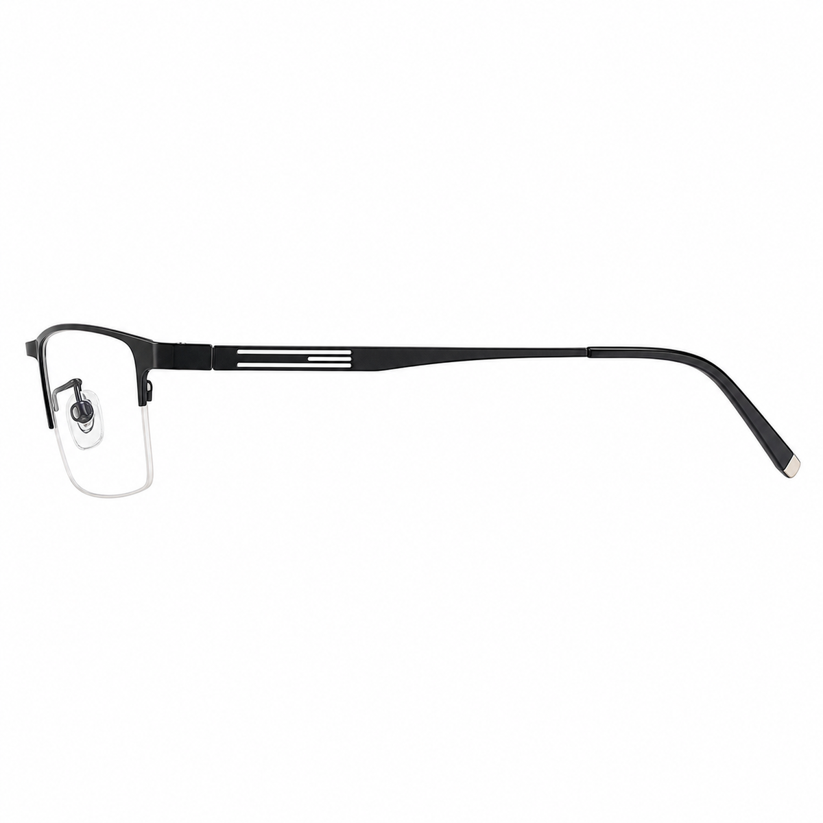 Black titanium-alloy rectangular semi-rimless glasses, side-profile product view