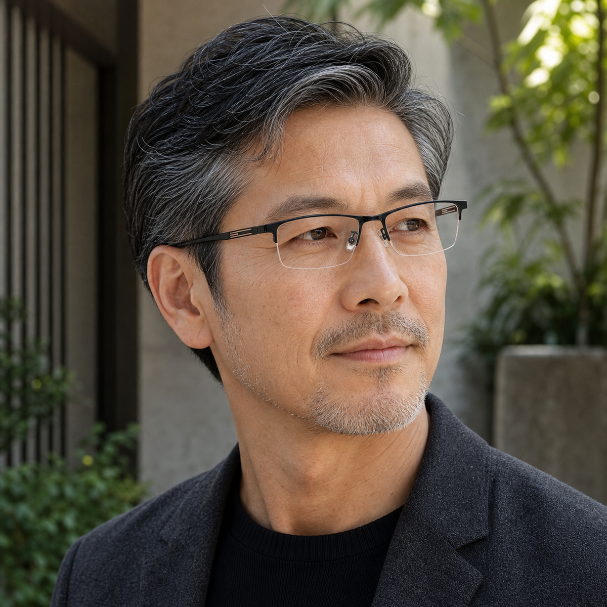 Black titanium-alloy semi-rimless glasses worn by an adult East Asian man outdoors