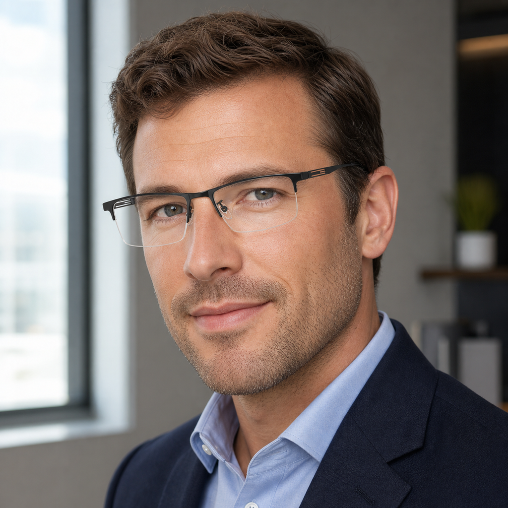 Black titanium-alloy semi-rimless glasses worn by an adult White man in an office