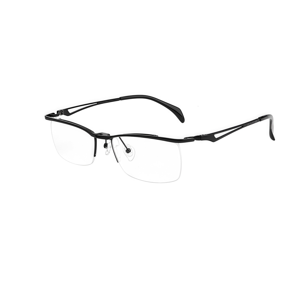 Black titanium semi-rimless rectangular glasses, 45-degree product view
