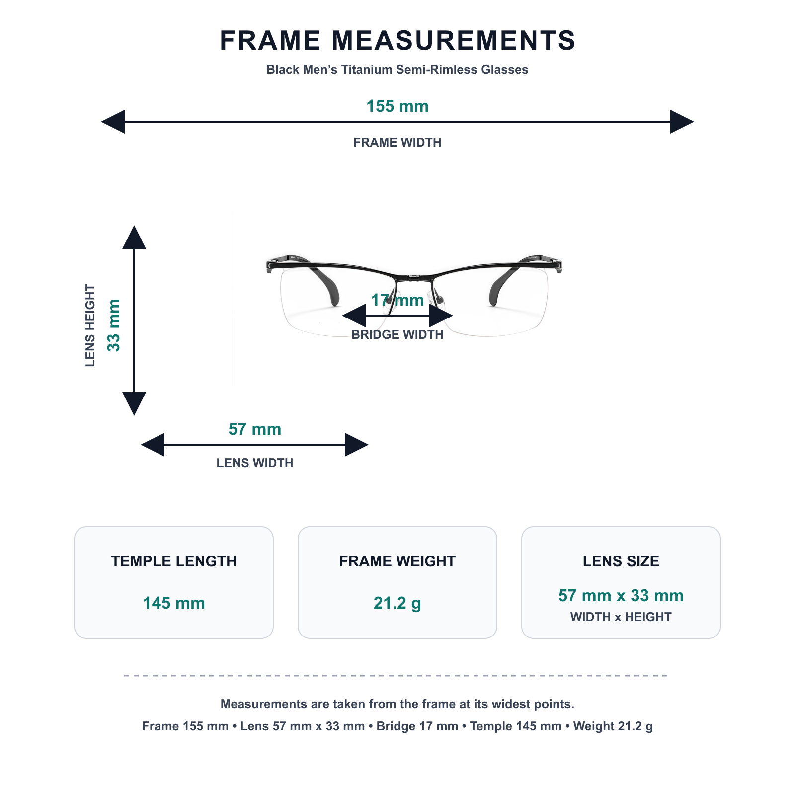 Black titanium semi-rimless glasses measurement guide: 155 mm frame, 57 mm lens, 21.2 g weight