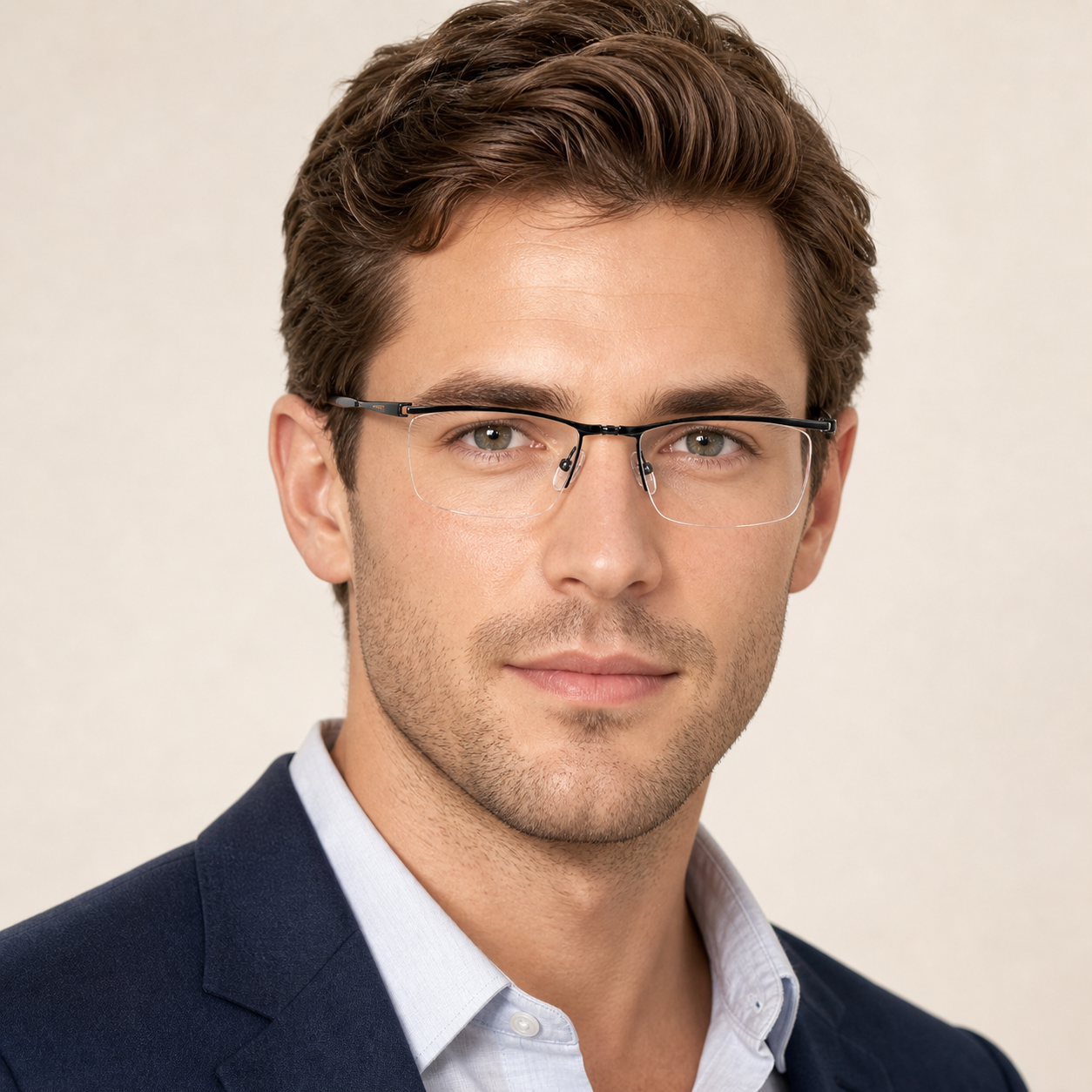 Black titanium semi-rimless rectangular glasses worn by an adult White man