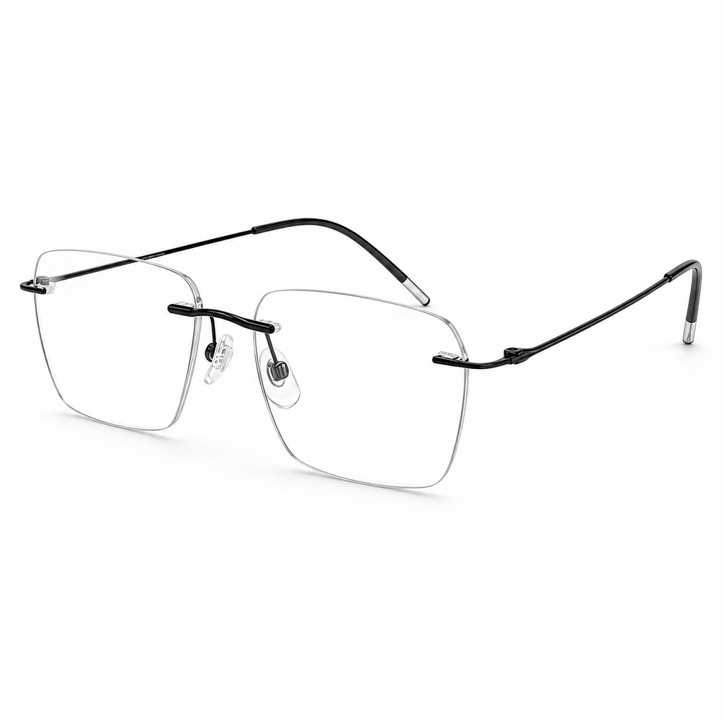 Black titanium softly squared rimless glasses, 45-degree product view