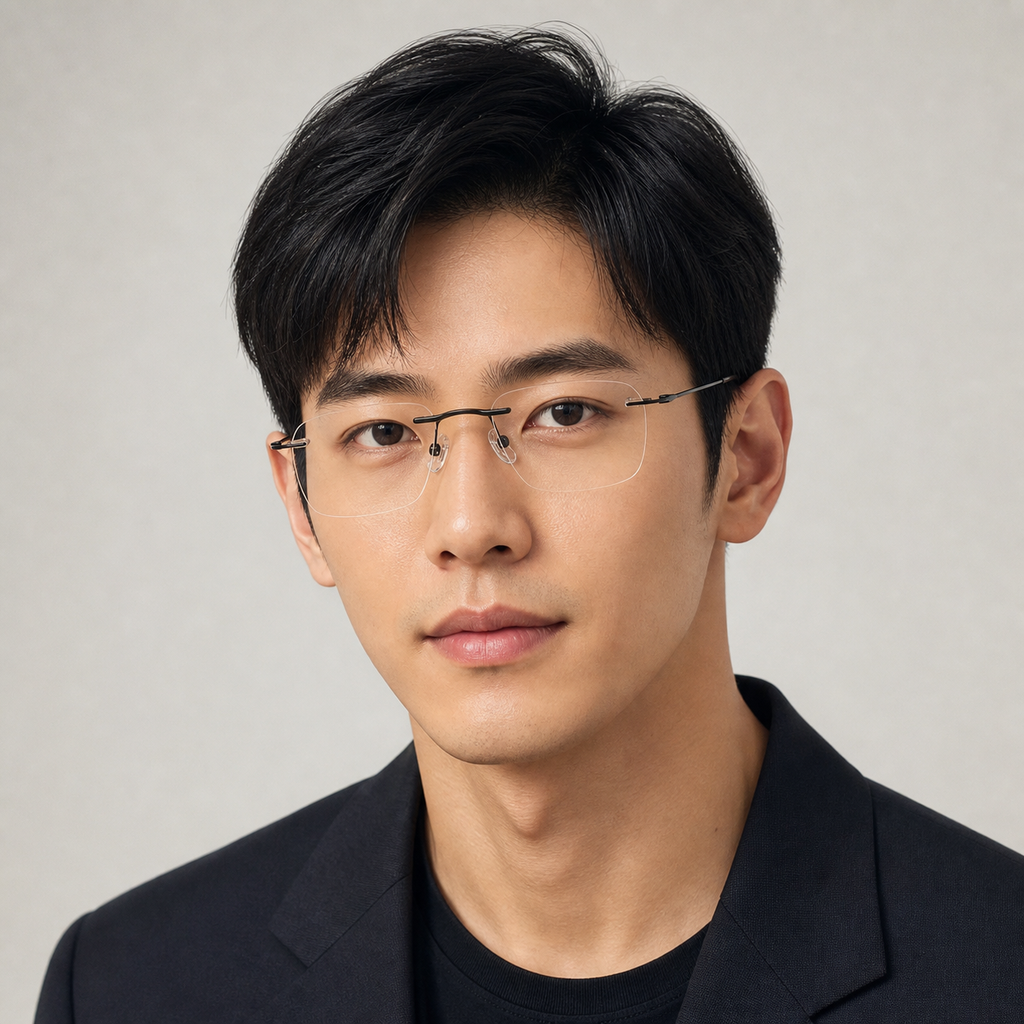 Black titanium softly squared rimless glasses worn by an adult East Asian man